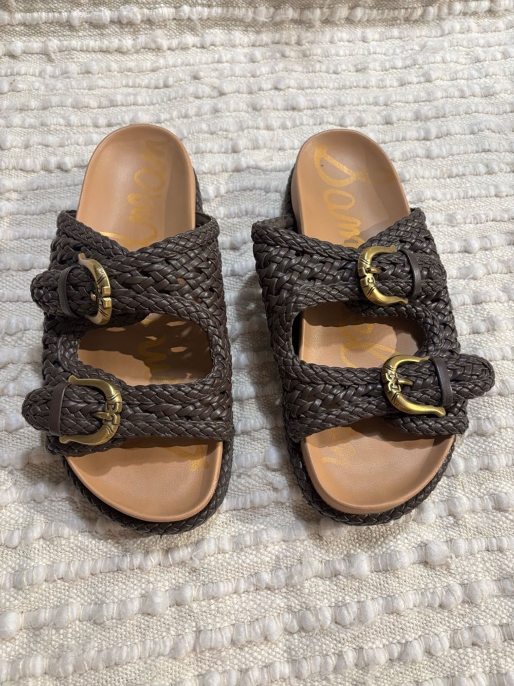 Sam Edelman Brown Braided Double Buckle Slide Sandals